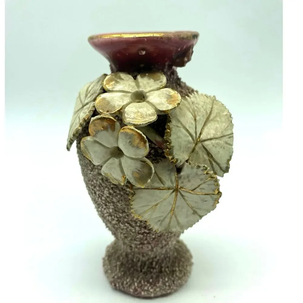 Vintage Sand Majolica Vase‎ Pink Amphora Applied Flowers barbotine gilded